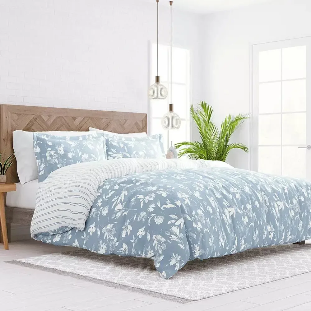 Noble Linens Blue Reversible Country Home 3PC Duvet Cover Set King/CalKing